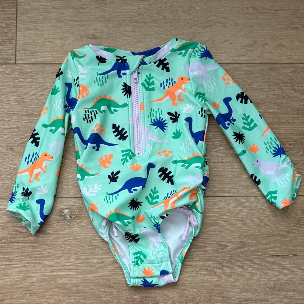 Toddler Girls Mint Green Dinosaur Rash Guard Swimsuit